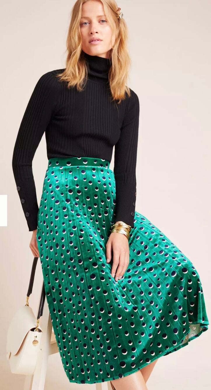 Anthropologie Maeve Womens XS Green Black Carly Pleated Velvet Midi Skirt
